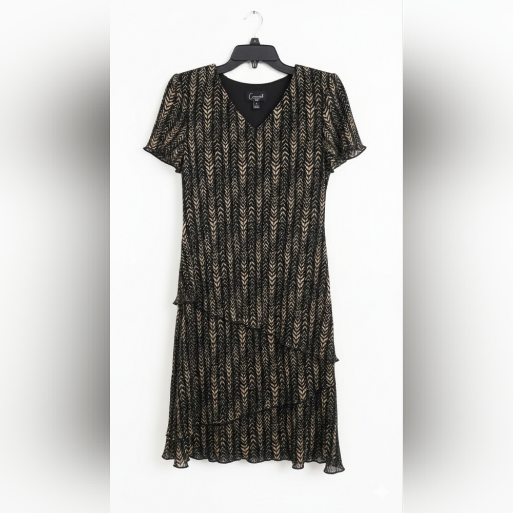 Connected Apparel Black Gold Patterned Midi Dress